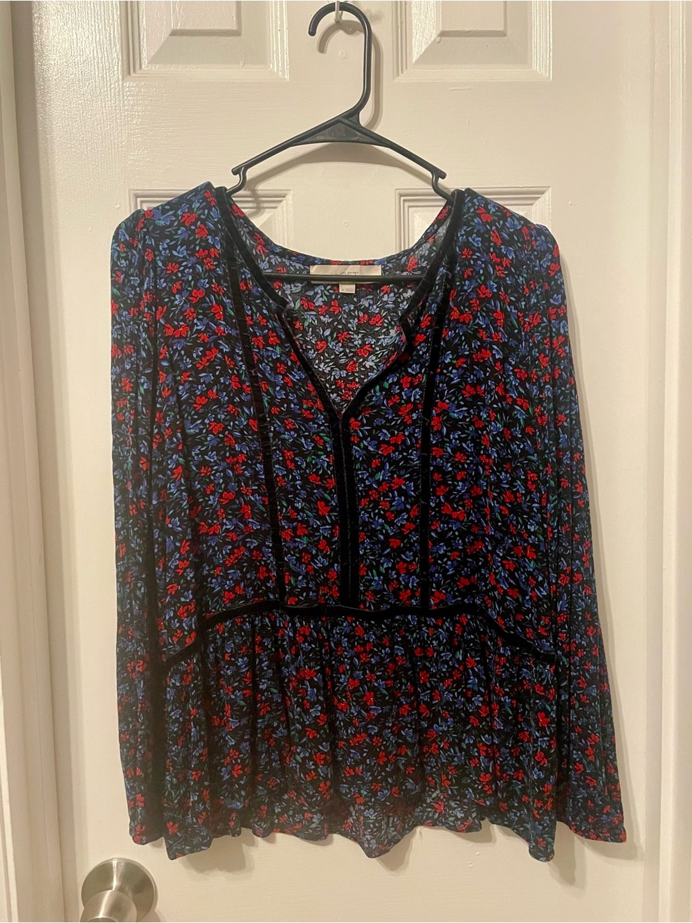 LOFT Black Floral V-Neck Peplum Blouse with Red & Blue Flowers